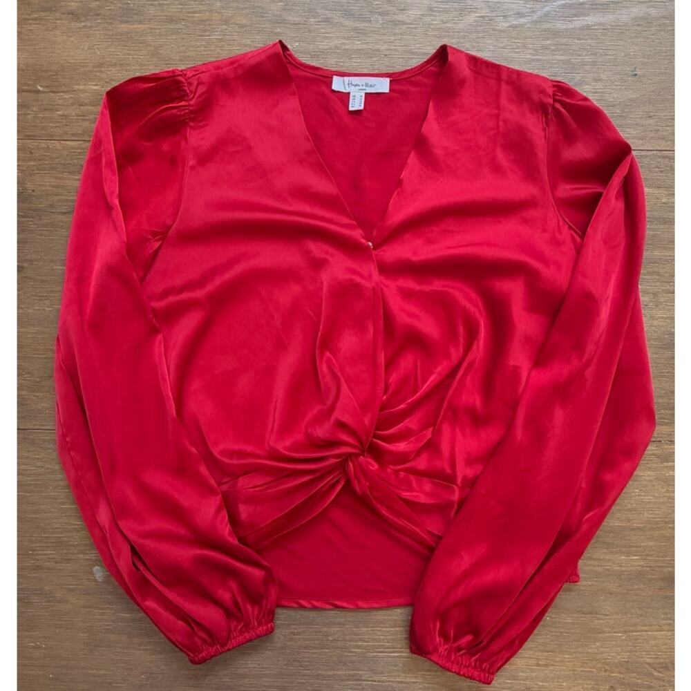 Haven Blair London Red Twist Front Blouse Womens Medium Long Sleeve V Neck Top - Picture 3 of 5